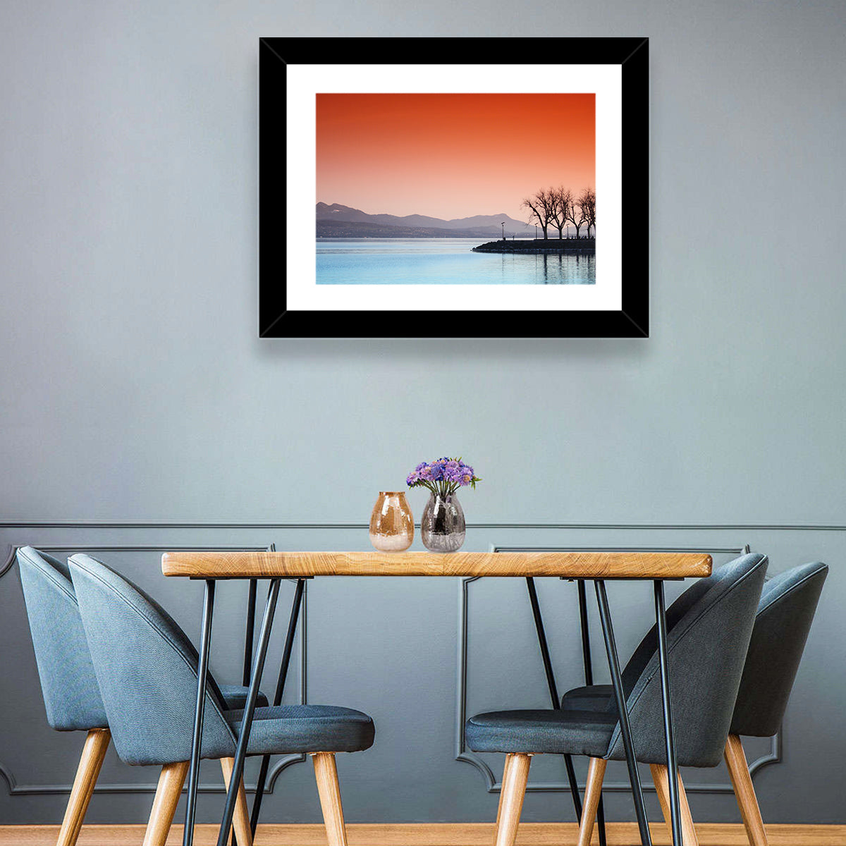 Lake Geneva Sunset Reflection Wall Art in a room, landscape