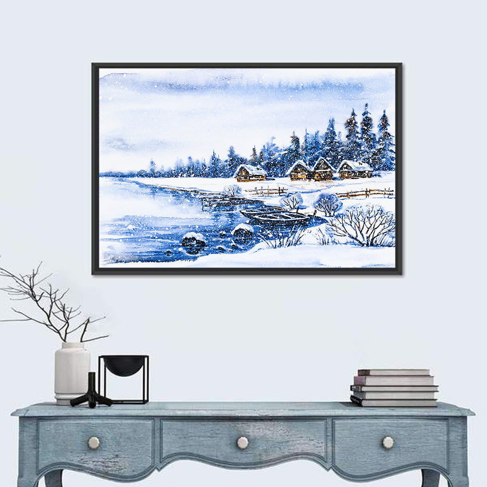 Snowy Village by Frozen Lake Wall Art in a room, landscape