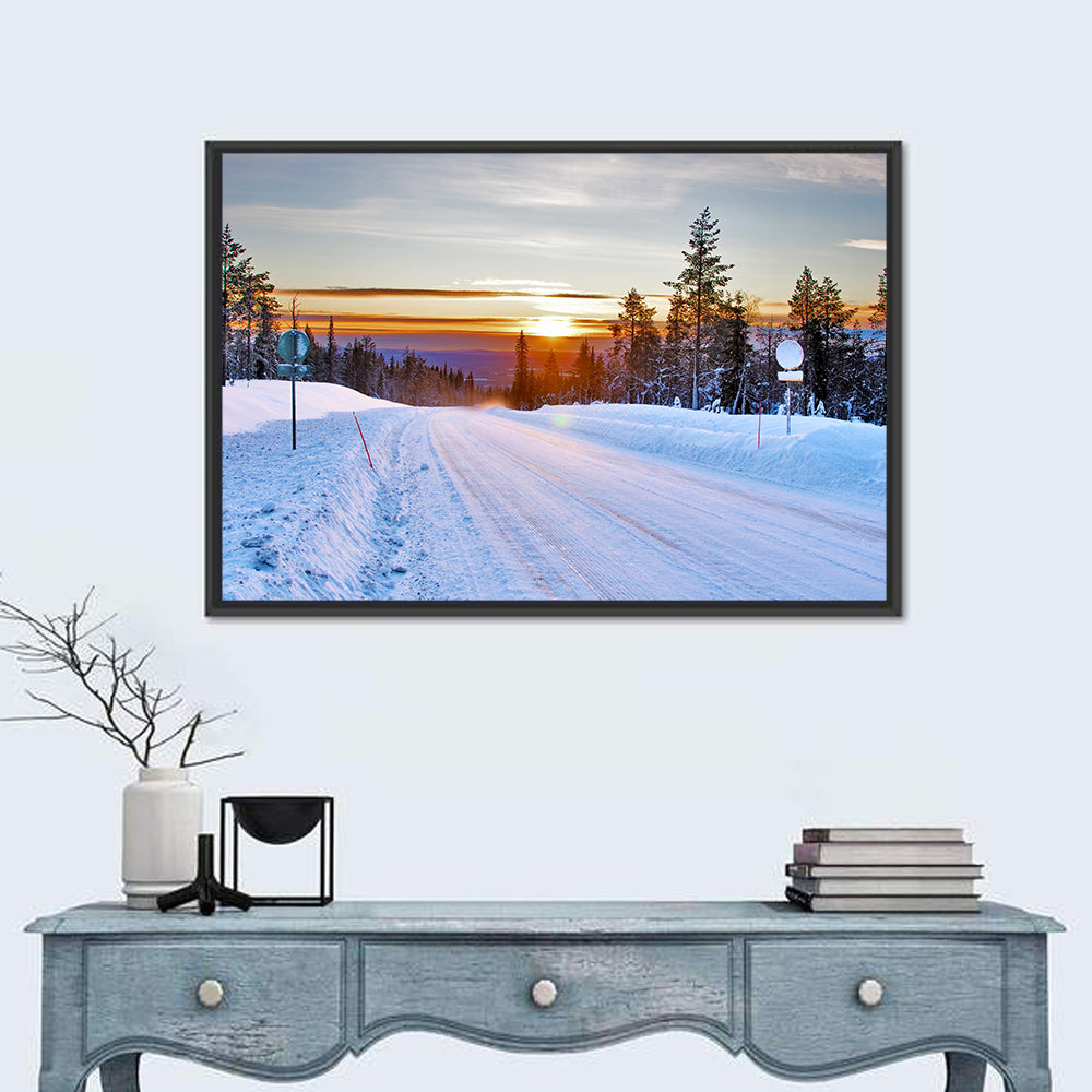 Snowy Road at Sunset Wall Art in a room, landscape