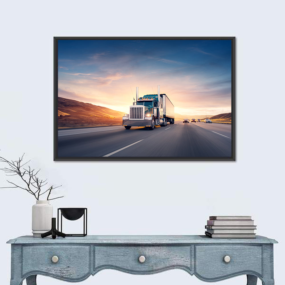 Semi Truck Highway Sunset Wall Art