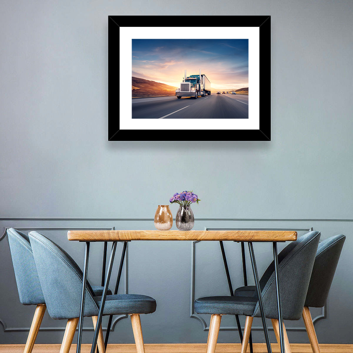 Semi Truck Highway Sunset Wall Art in a room, landscape