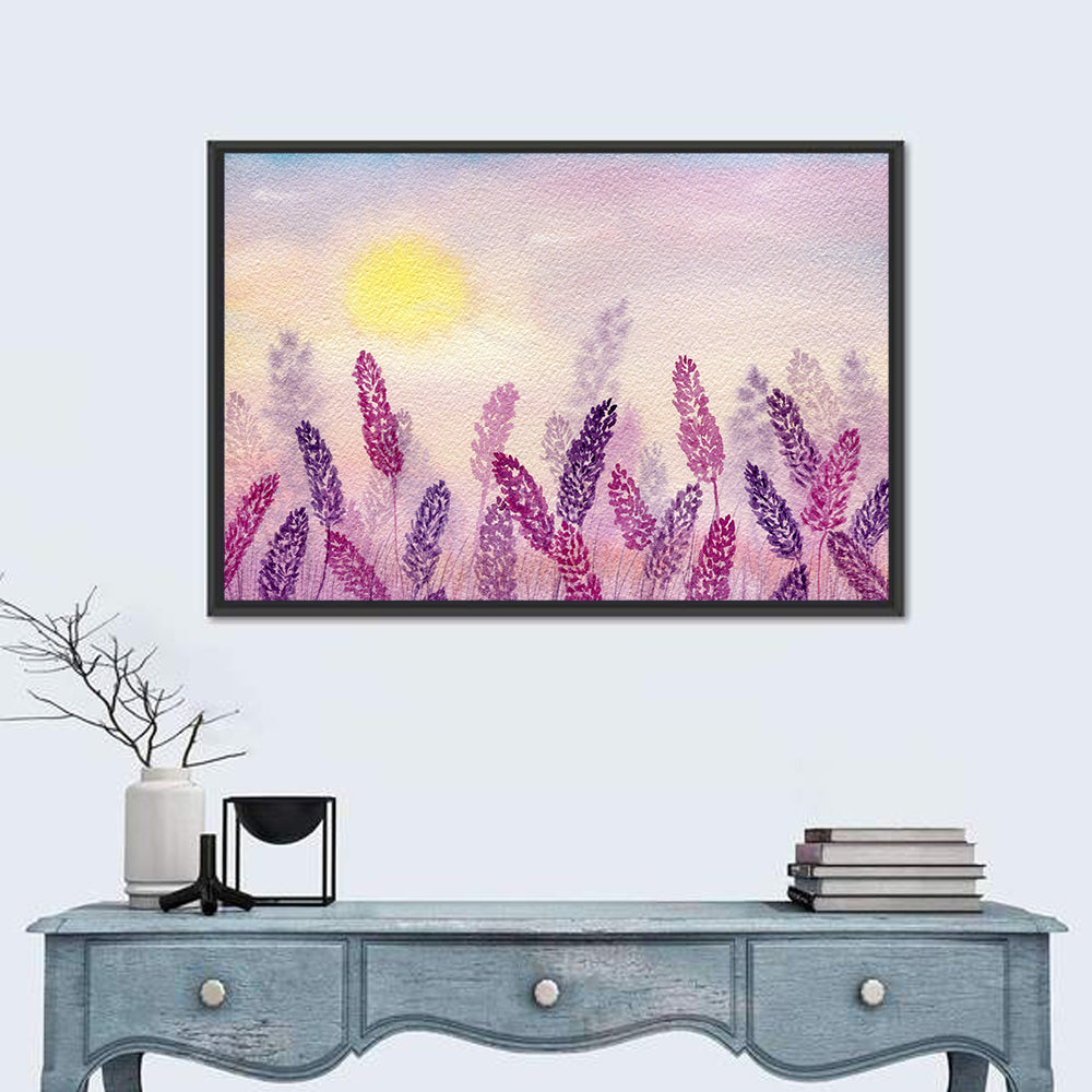 Sunlit Lavender Field Wall Art in a room, landscape