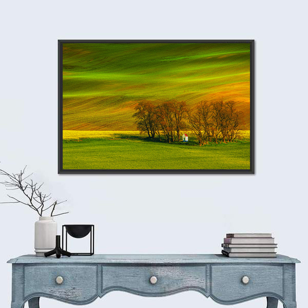 Moravian Wheat Fields with Chapel Wall Art in a room, landscape