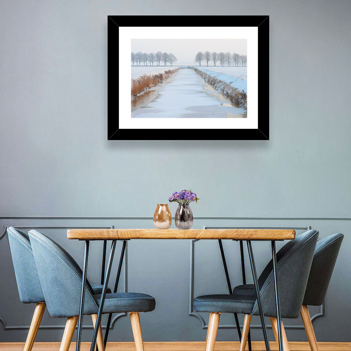 Frozen Canal with Bare Trees Wall Art in a room, landscape