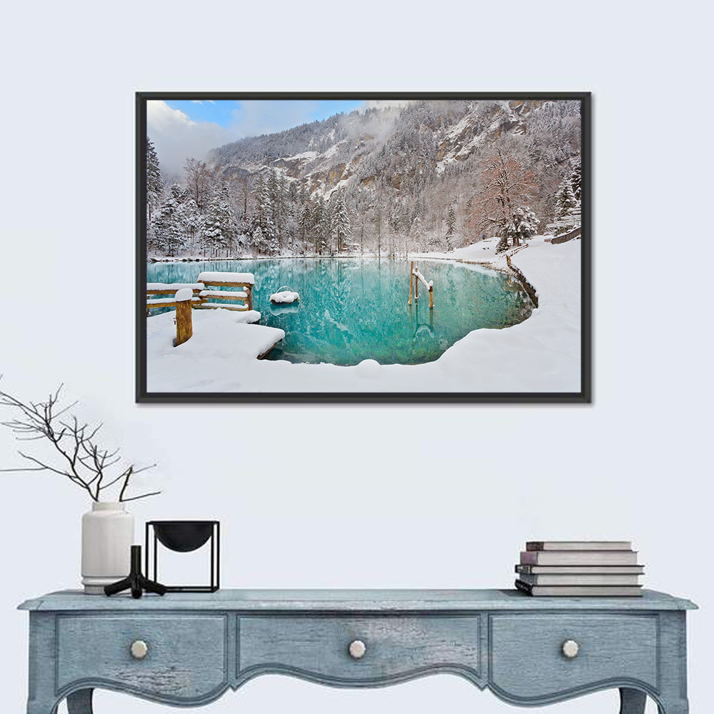 Blausee Winter Reflection Wall Art in a room, landscape