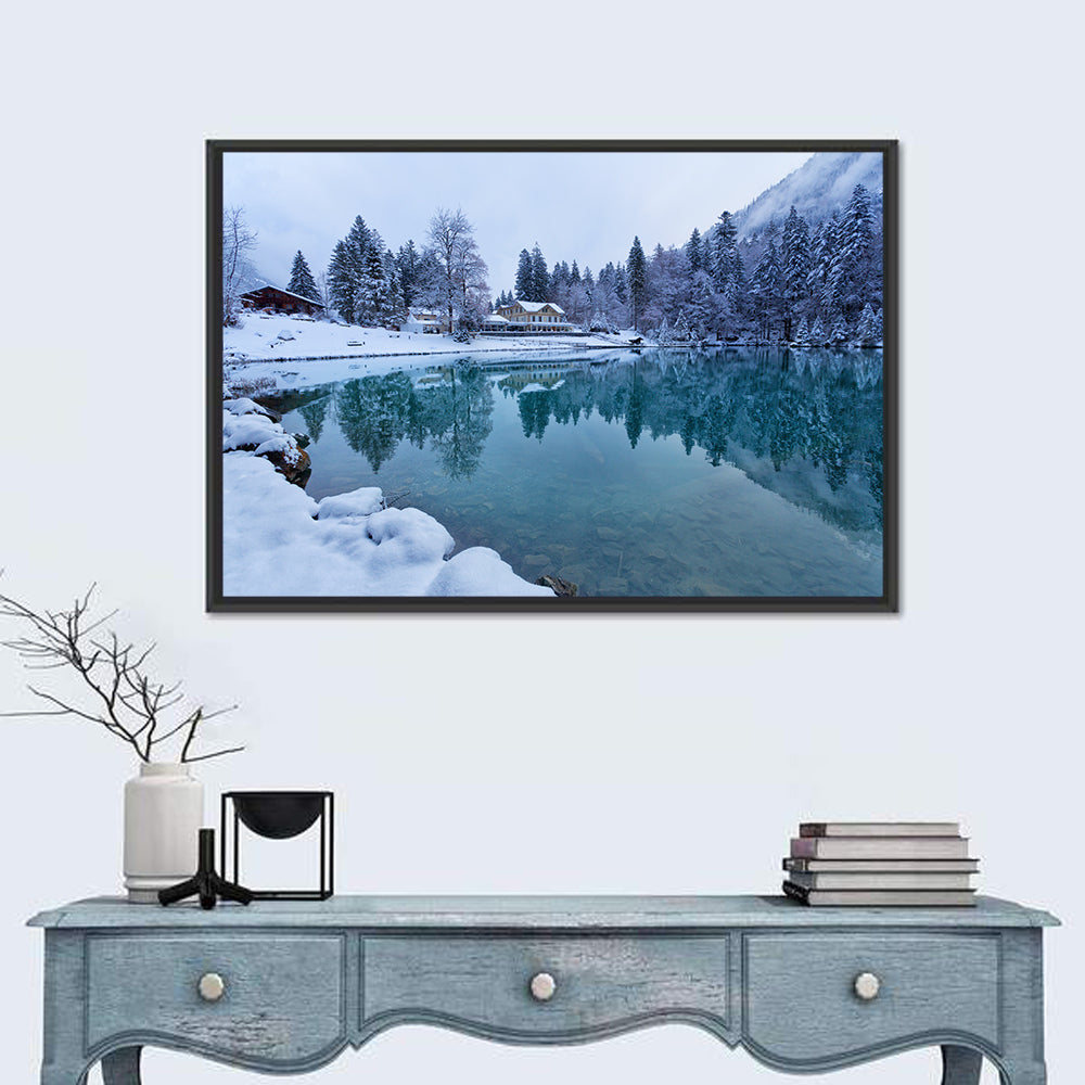 Blausee Winter Reflection Wall Art in a room, landscape