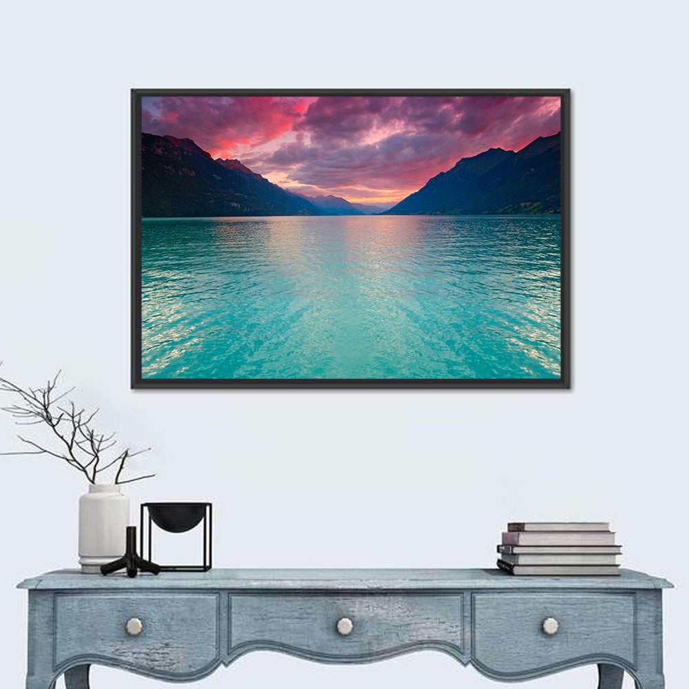 Lake Brienz Teal Sunset Wall Art in a room, landscape