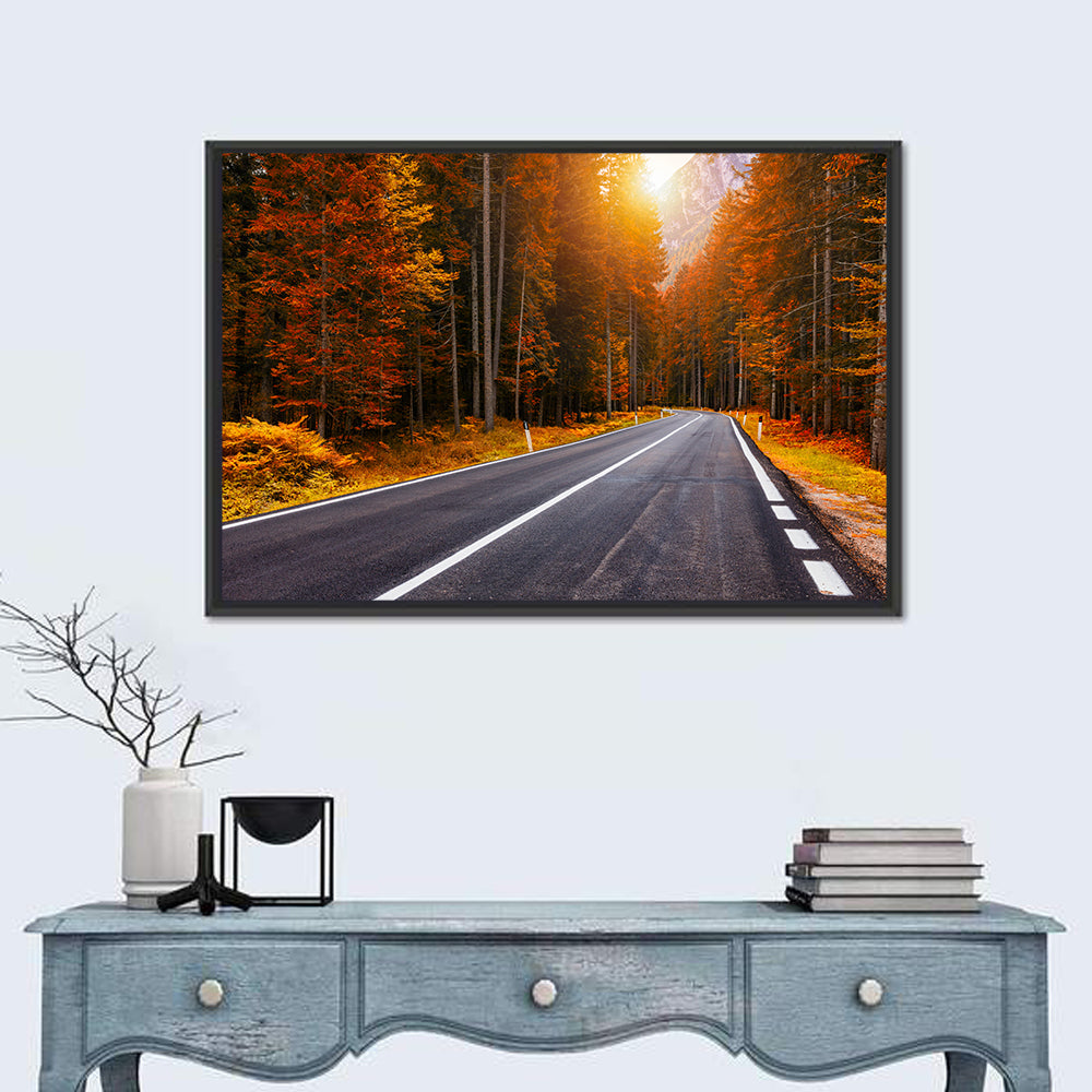 Golden Hour Forest Road Wall Art in a room, landscape
