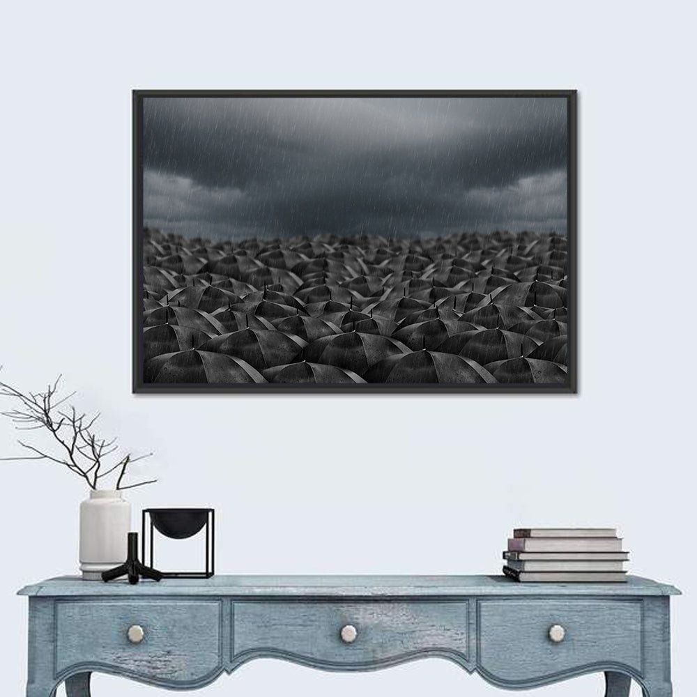 Clustered Umbrellas in Rain Wall Art