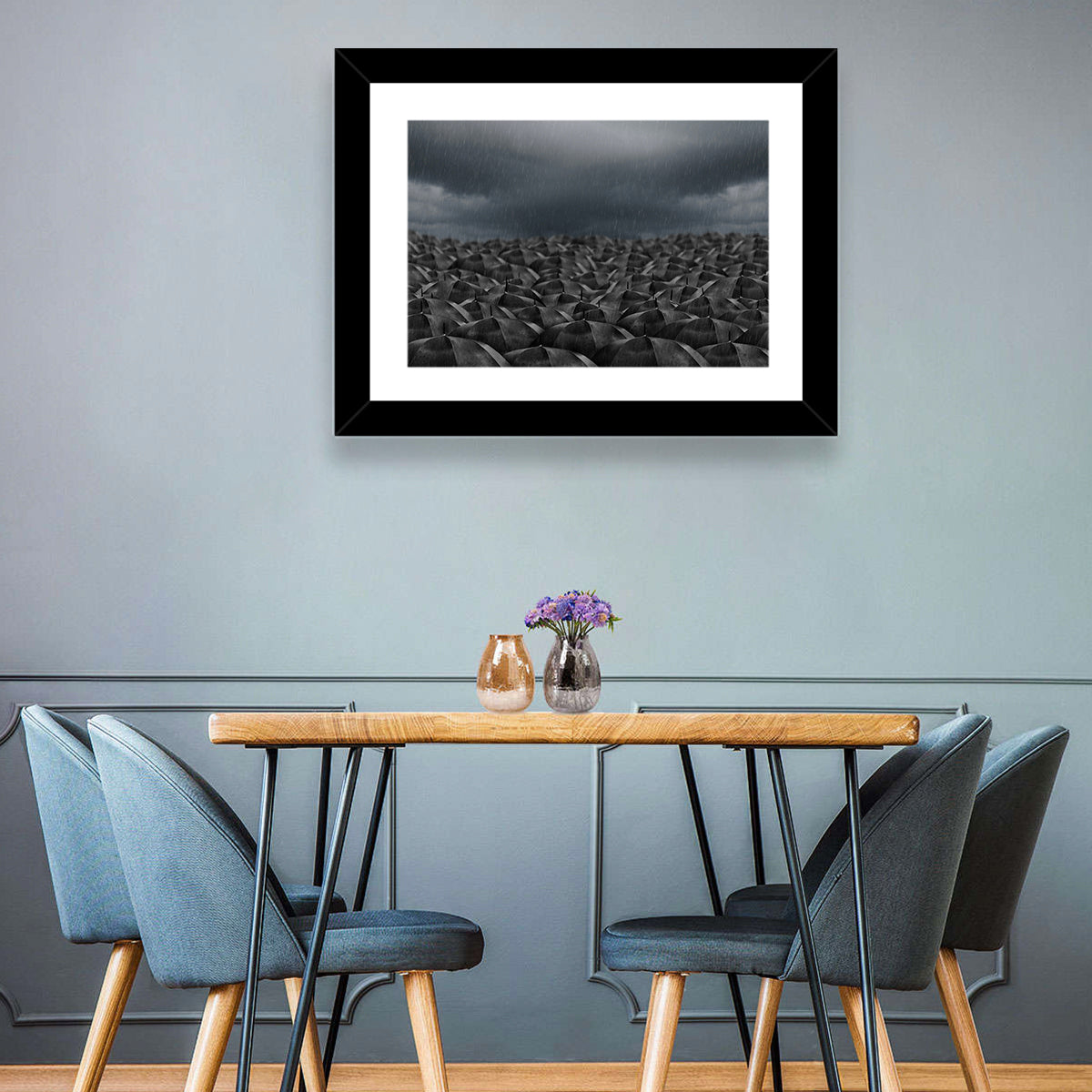 Clustered Umbrellas in Rain Wall Art