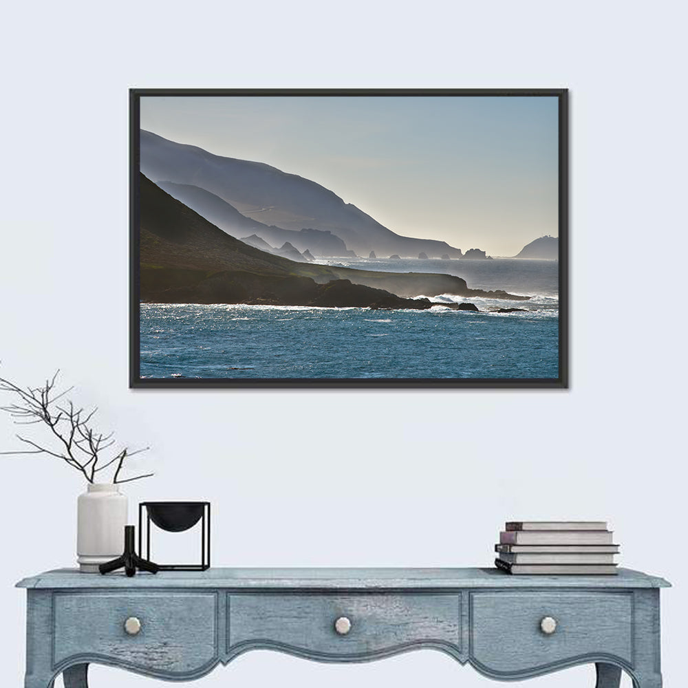 Misty Big Sur Coastline Wall Art in a room, landscape