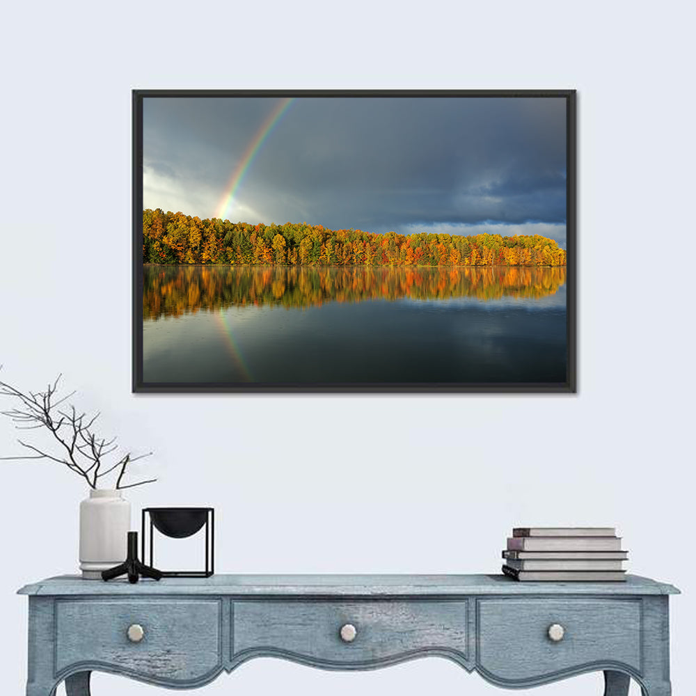 Moccasin Lake Autumn Rainbow Wall Art in a room, landscape