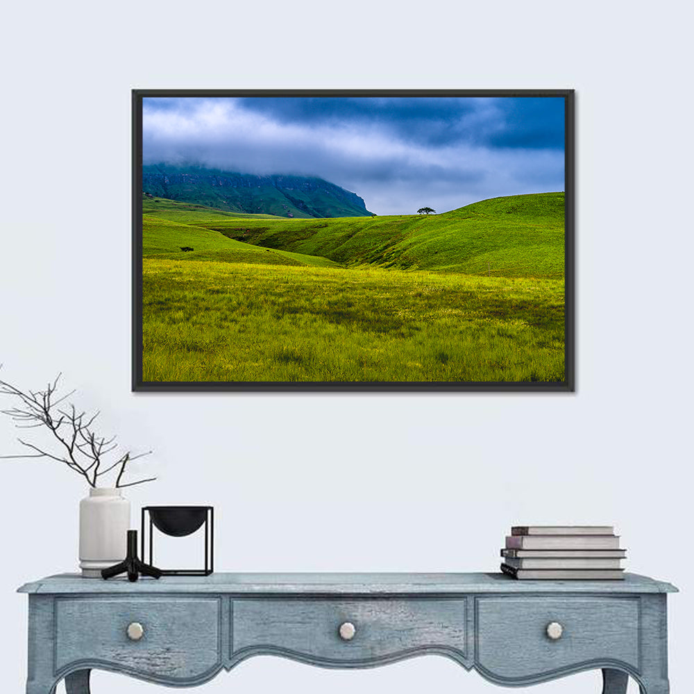 Dragon Mountains with Lone Tree Wall Art in a room, landscape