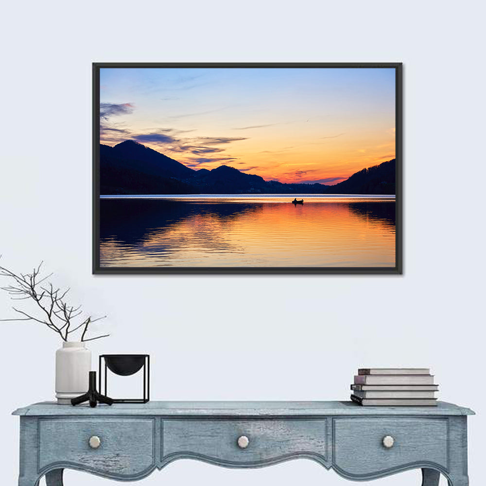 Lake Fuschl Sunset with Boat Wall Art in a room, landscape