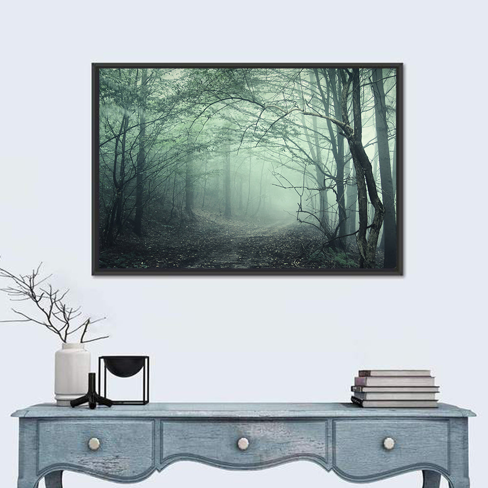 Misty Forest Path Wall Art in a room, landscape