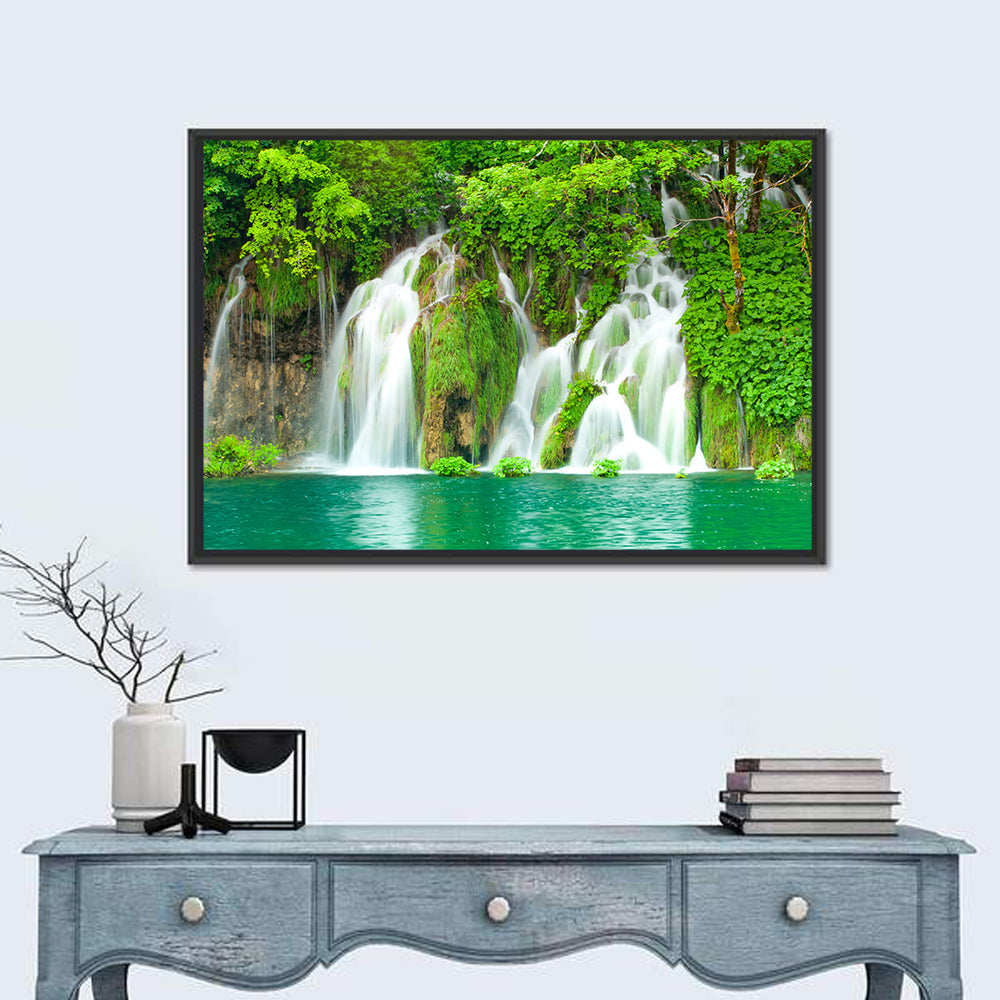 Plitvice Lakes Cascades Wall Art in a room, landscape