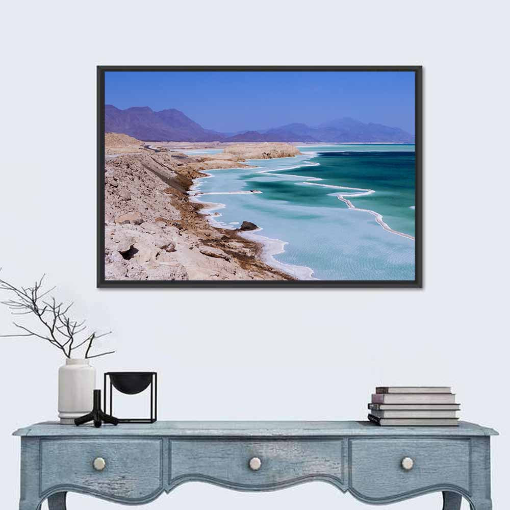 Lake Assal Salt Shoreline Wall Art in a room, landscape