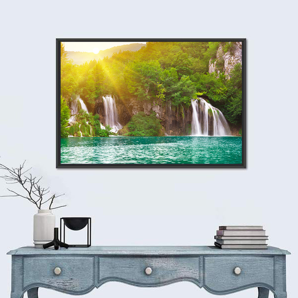 Plitvice Cascades at Sunrise Wall Art in a room, landscape