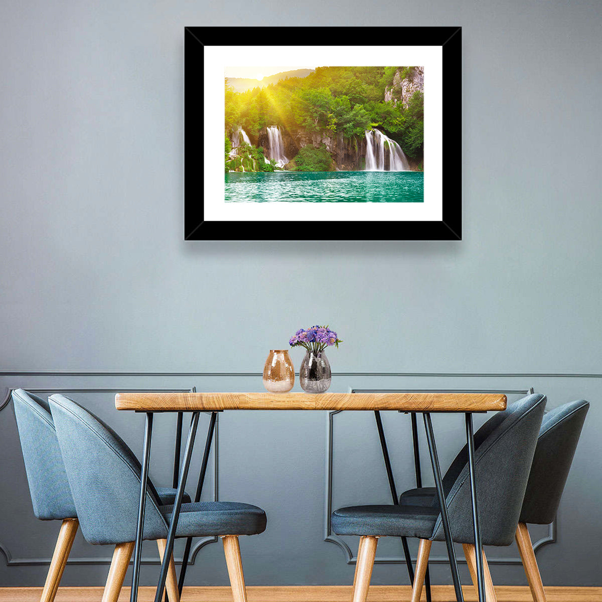 Plitvice Cascades at Sunrise Wall Art in a room, landscape
