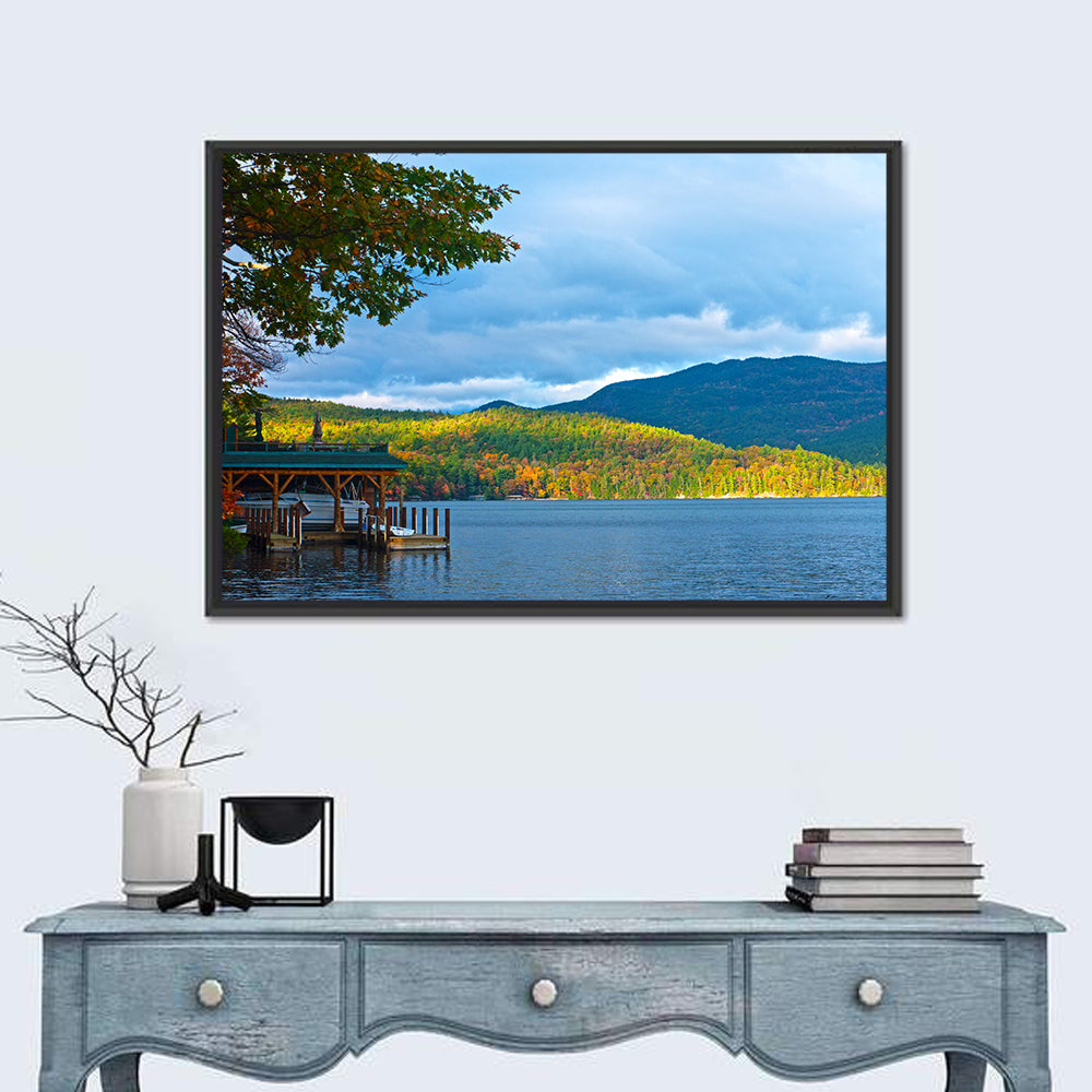 Lake George Boathouse in Autumn Wall Art in a room, landscape
