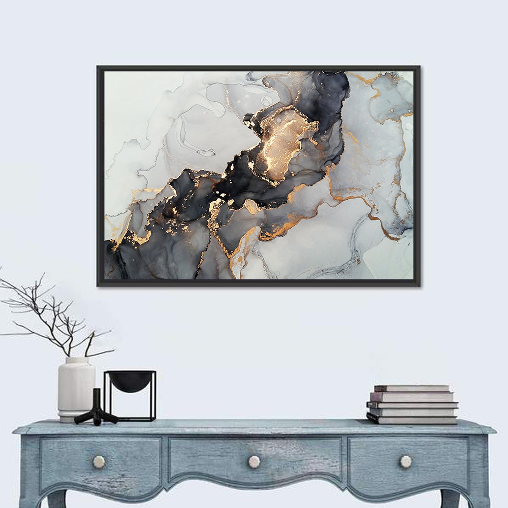 Black Fire Marble Abstract Wall Art in a room, landscape