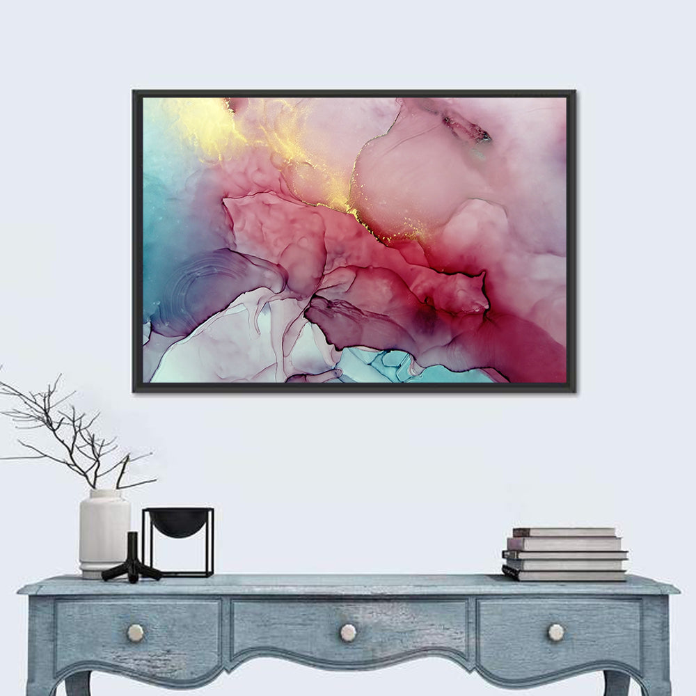 Pink and Gold Fluid Abstract Wall Art in a room, landscape