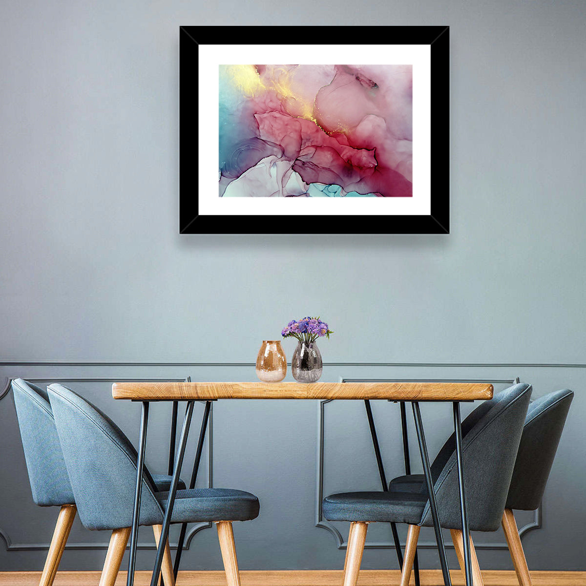 Pink and Gold Fluid Abstract Wall Art in a room, landscape
