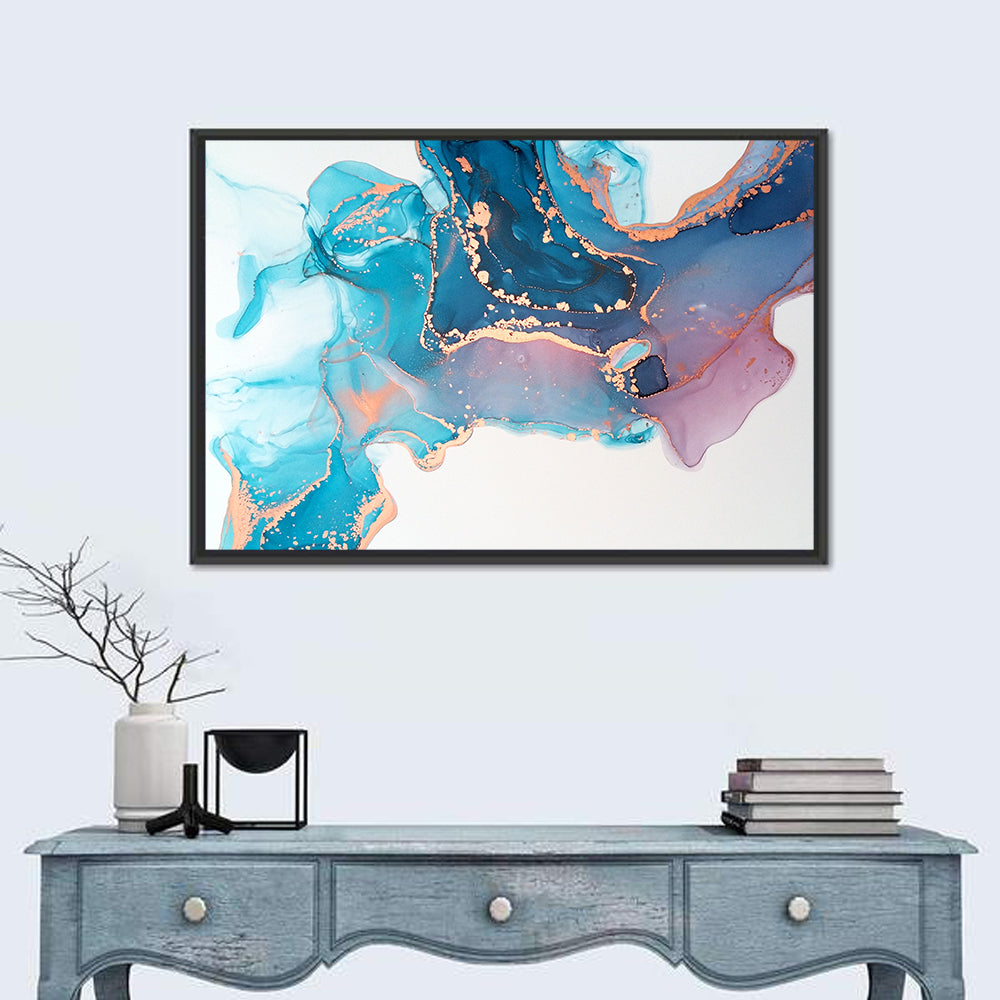 Fluid Ink with Metallic Gold Accents Wall Art in a room, landscape