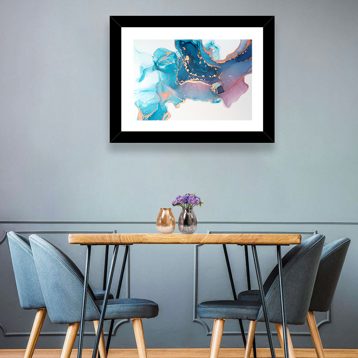 Fluid Ink with Metallic Gold Accents Wall Art in a room, landscape