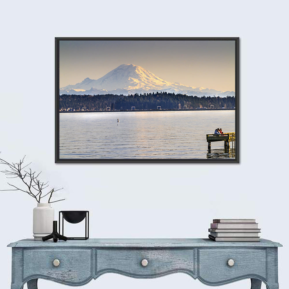 Mount Rainier Over Lake Washington Wall Art in a room, landscape