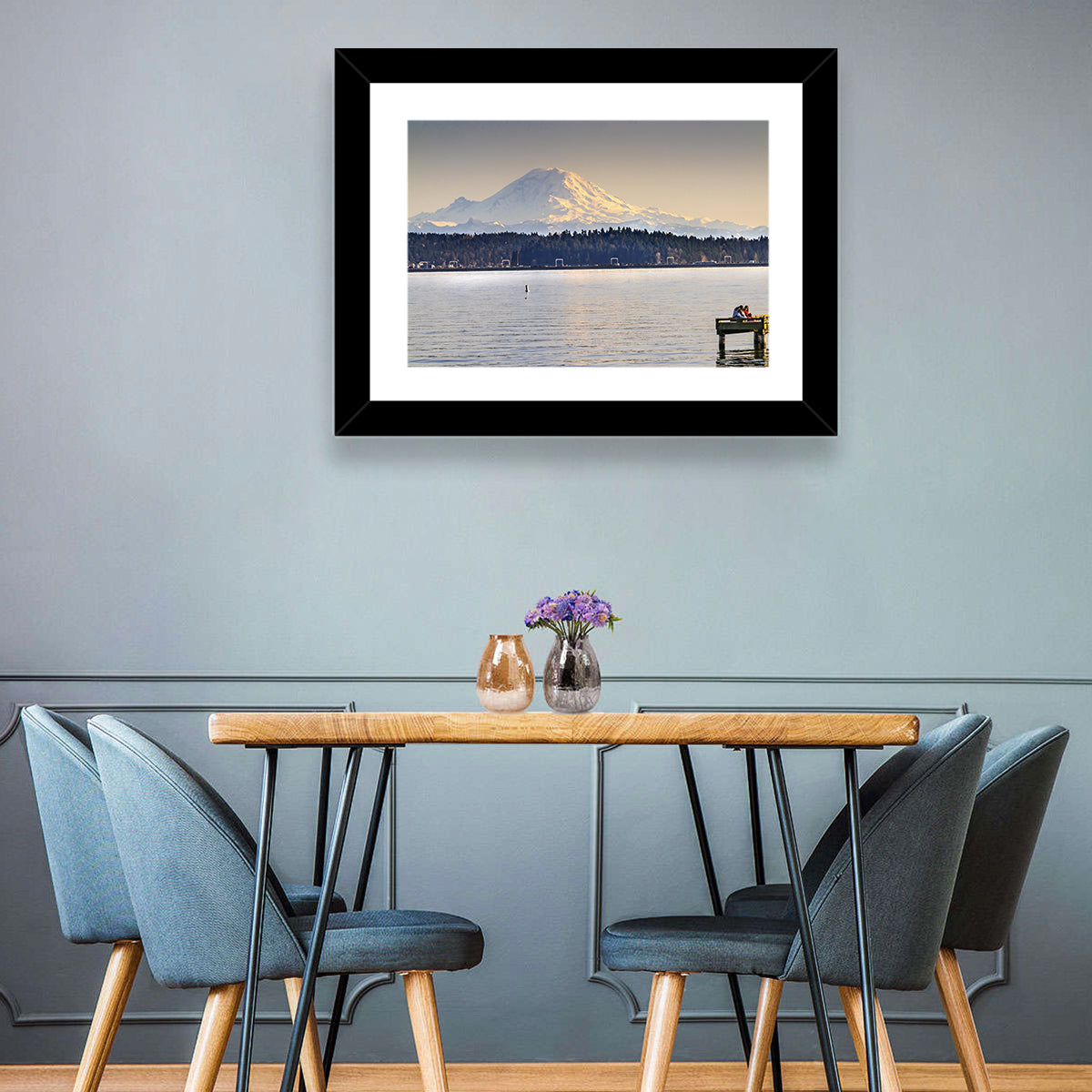 Mount Rainier Over Lake Washington Wall Art in a room, landscape