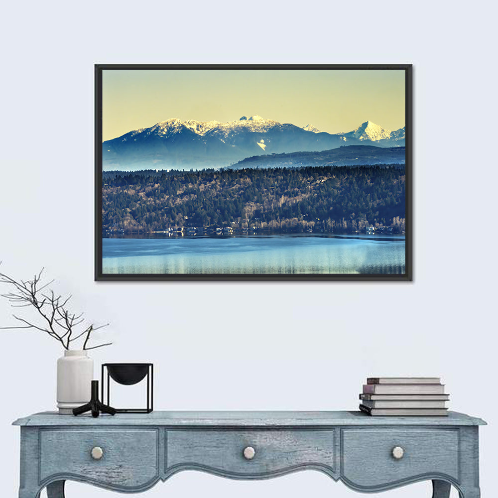 Lake Sammamish Reflection Wall Art in a room, landscape