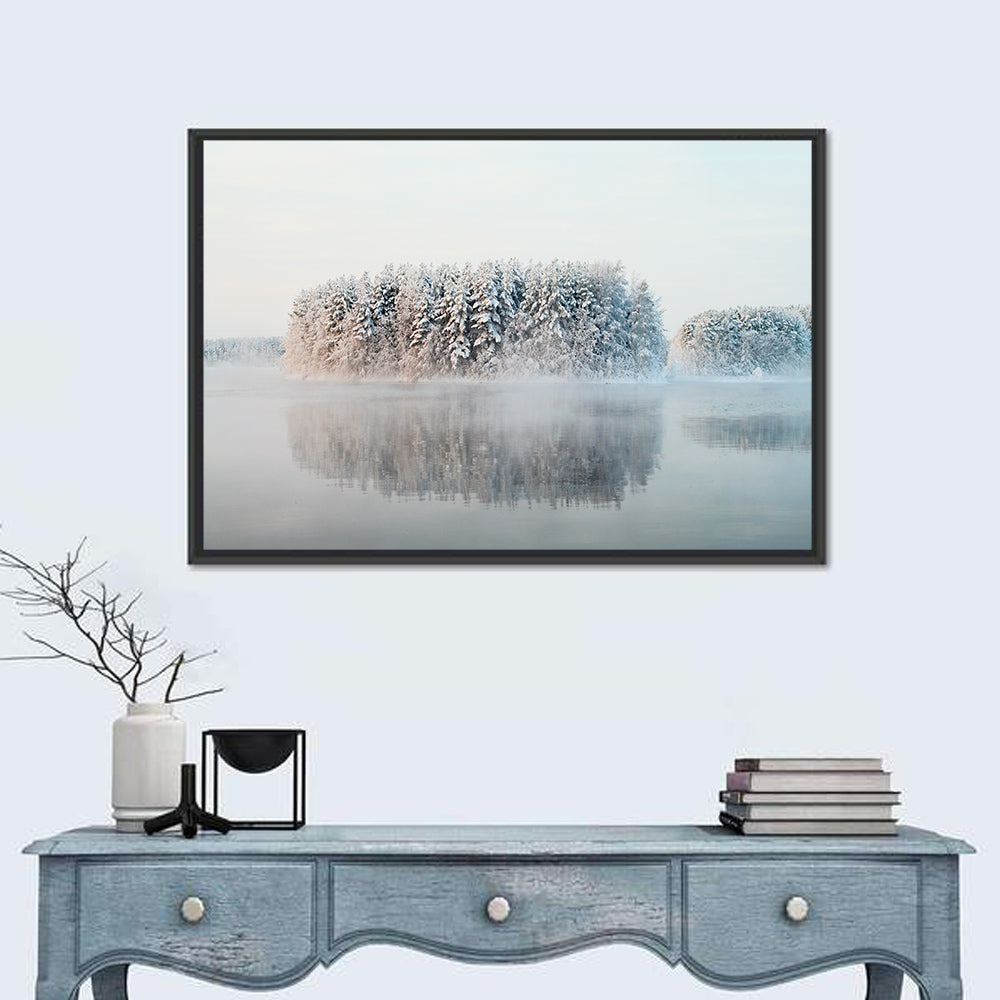 Misty Karelia Lake Wall Art in a room, landscape