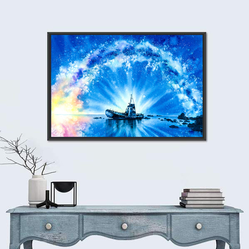 Shipwreck Under Milky Way Wall Art in a room, landscape