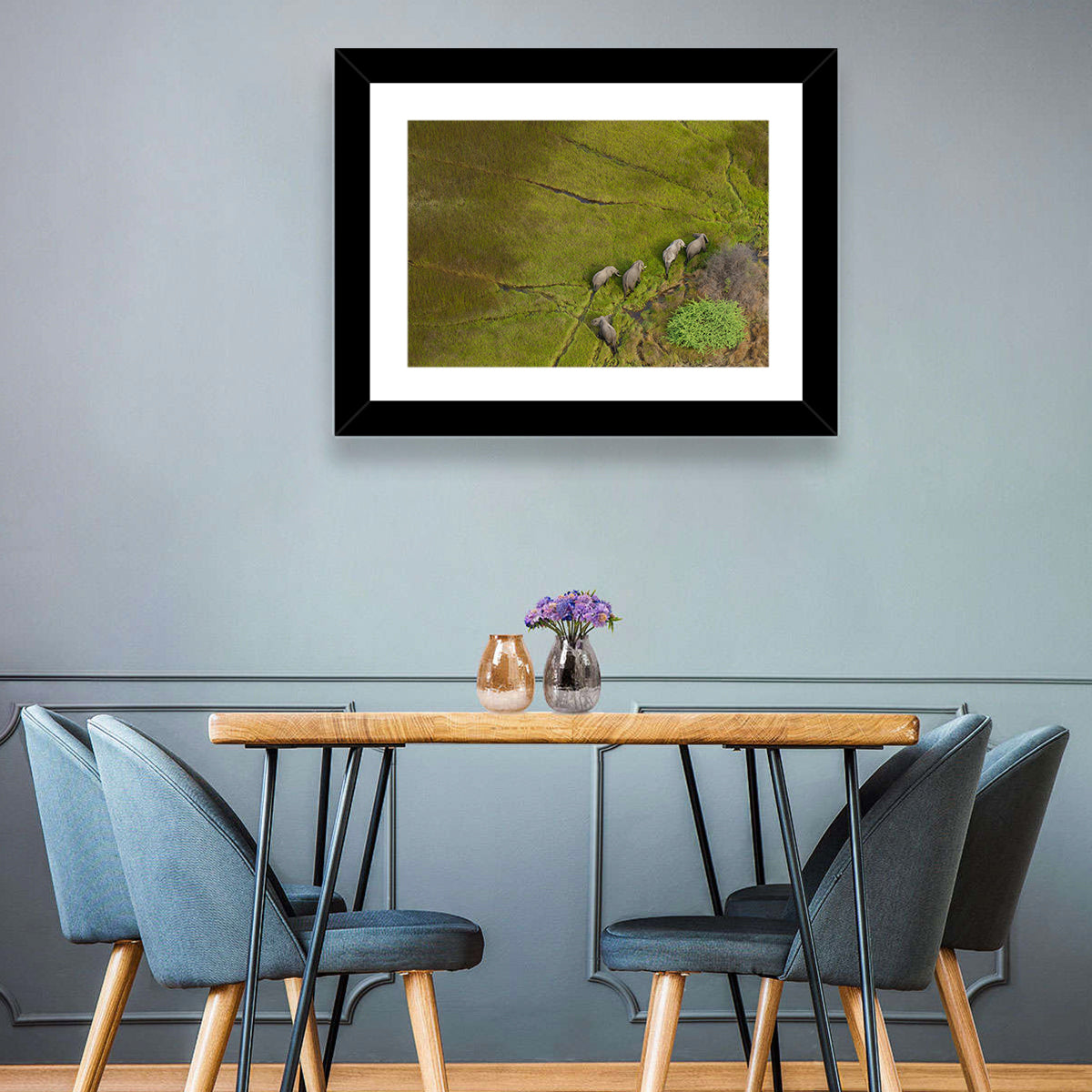 Aerial Herd of Elephants Wall Art in a room, landscape