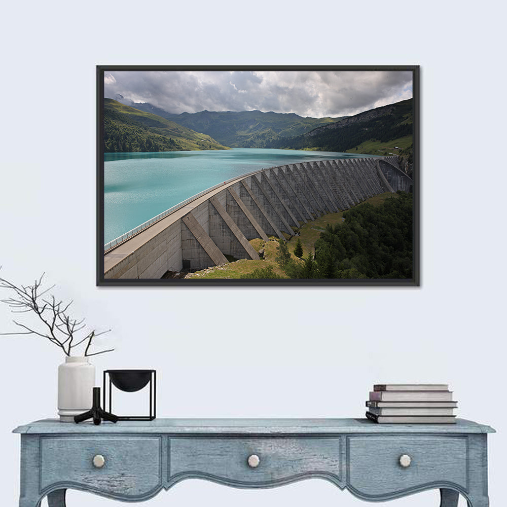 Curved Dam on Turquoise Lake Wall Art in a room, landscape
