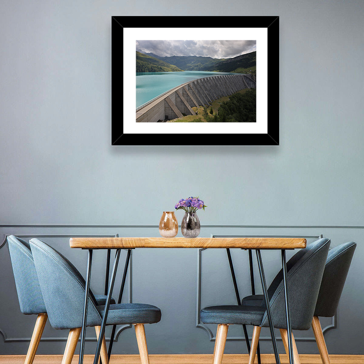 Curved Dam on Turquoise Lake Wall Art in a room, landscape