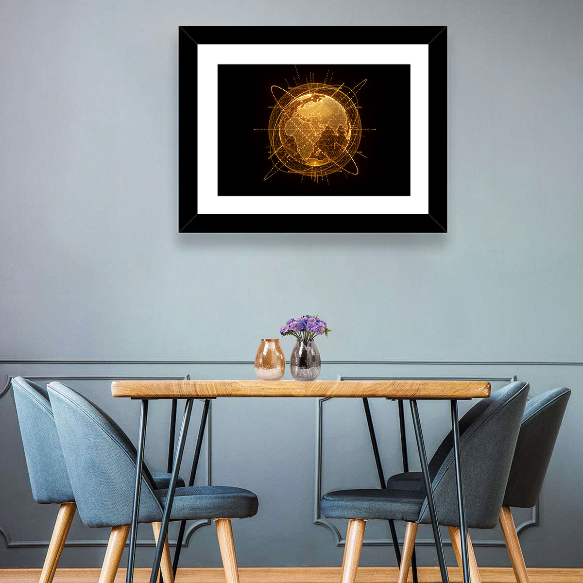 Golden Hologram Globe Wall Art in a room, landscape