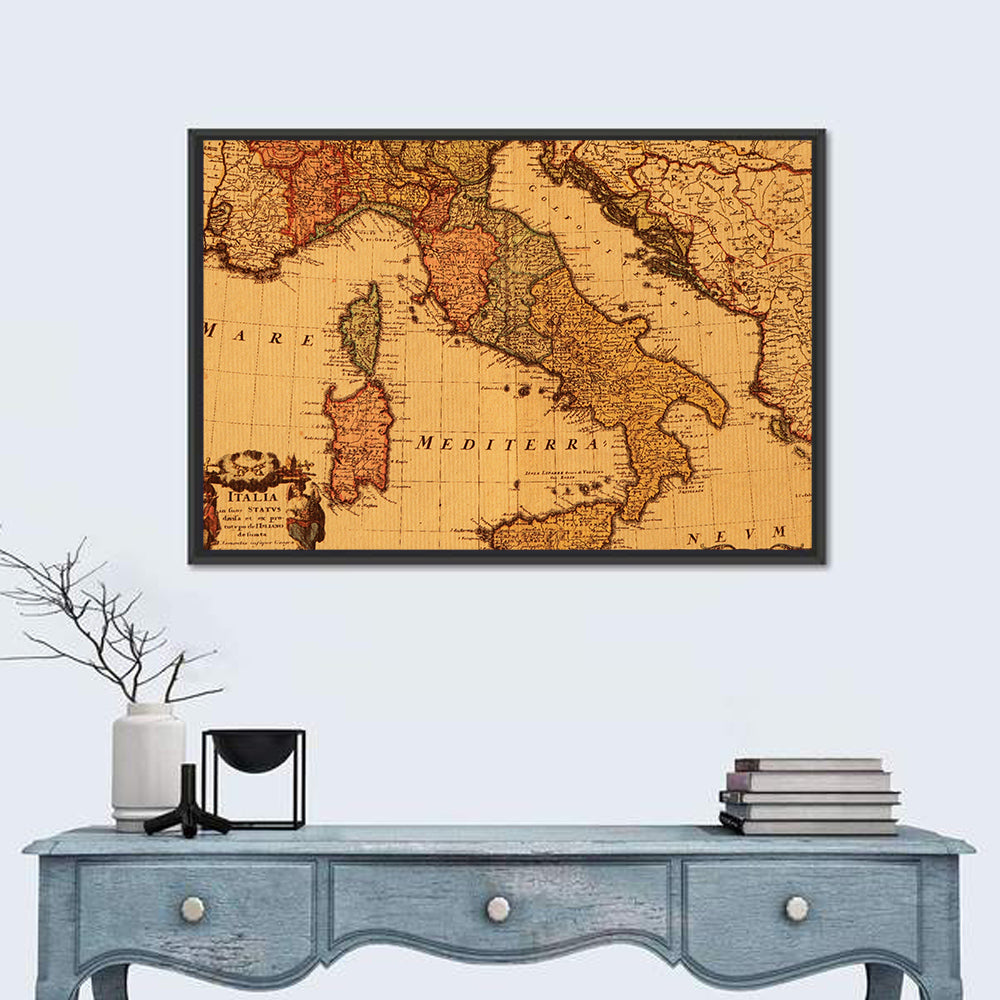 Antique Map of Italy with Ornate Cartouche Wall Art