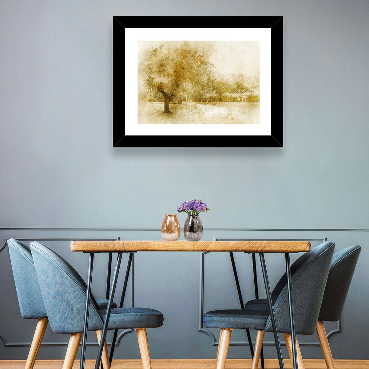 Sepia Orchard Pathway Wall Art in a room, landscape