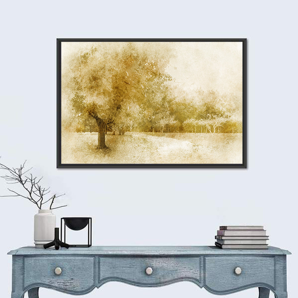 Sepia Orchard Pathway Wall Art in a room, landscape