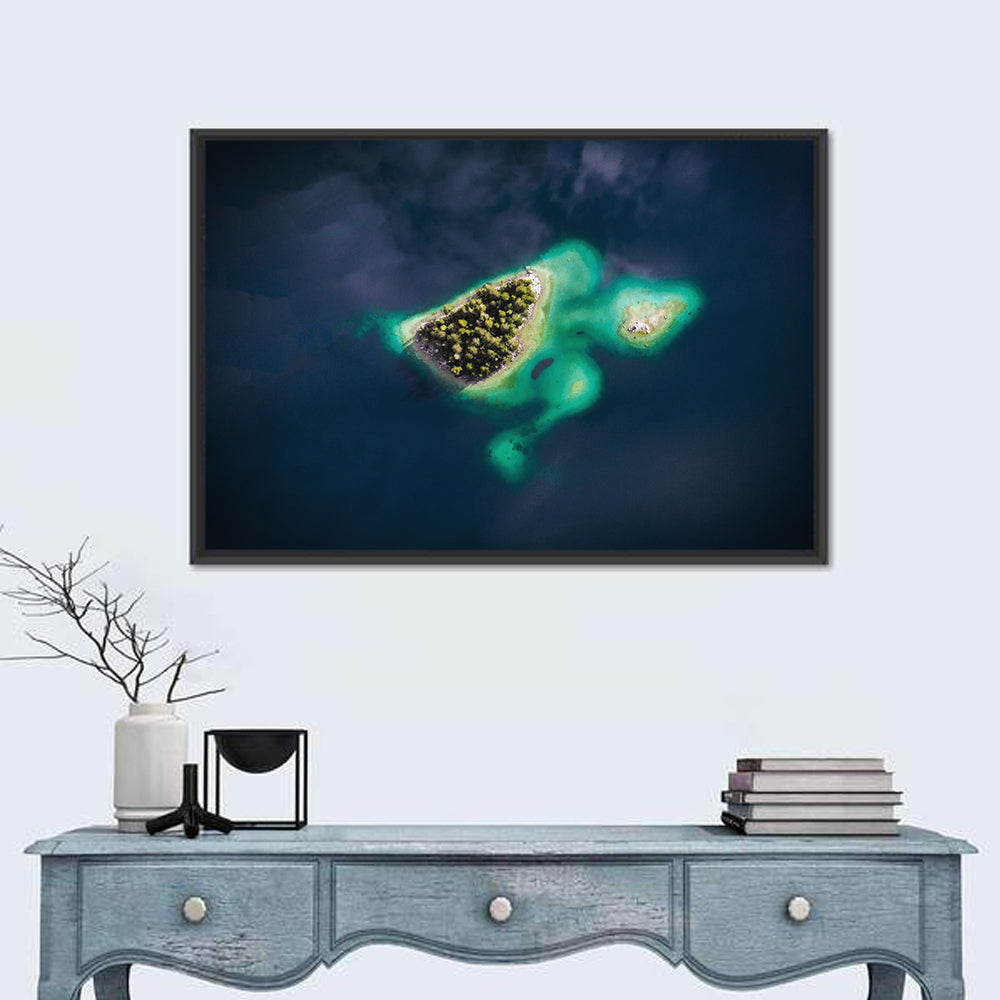 Lake Eibsee Turtle Islands Aerial Wall Art in a room, landscape