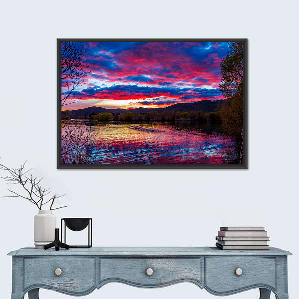 Lake Wairepo Arm Sunrise Reflection Wall Art in a room, landscape
