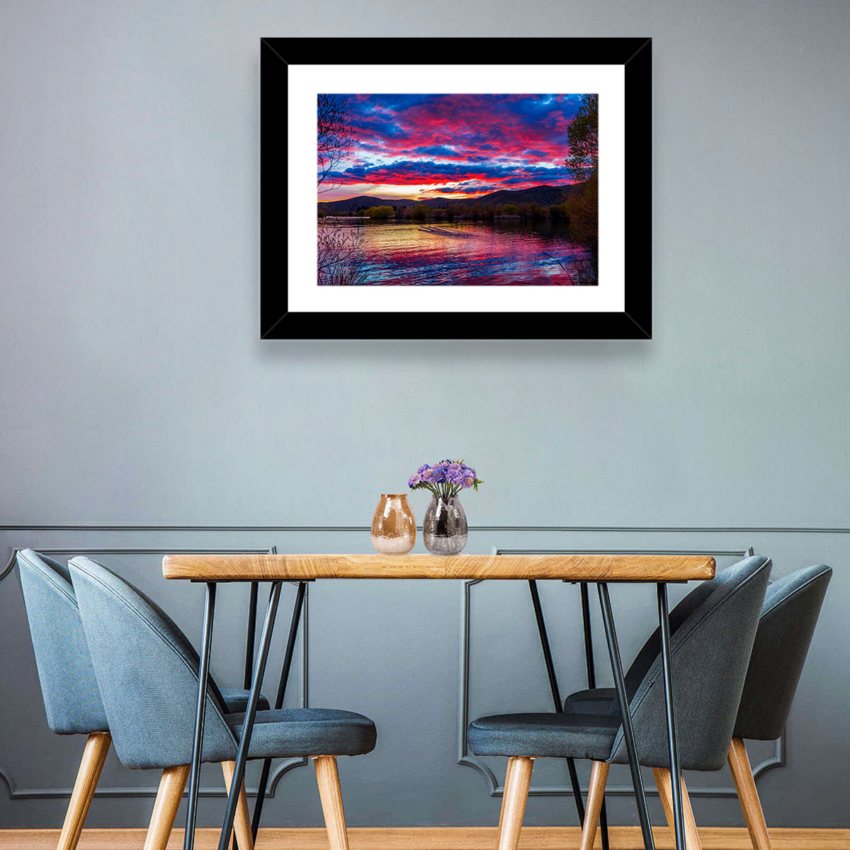 Lake Wairepo Arm Sunrise Reflection Wall Art in a room, landscape
