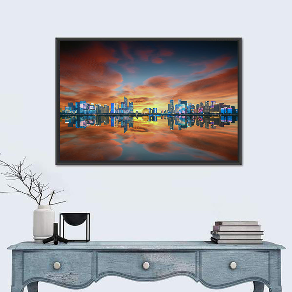 Hangzhou Golden Sphere Skyline at Dusk Wall Art in a room, landscape