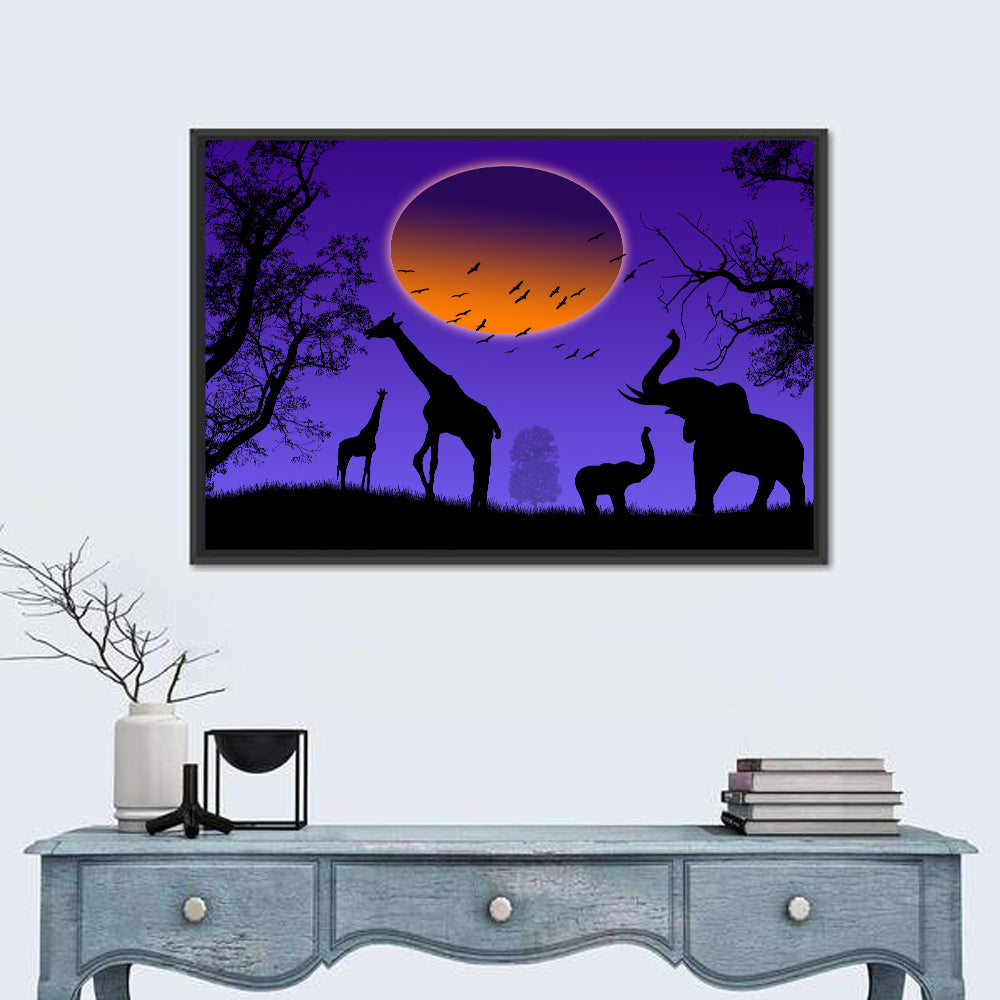 Sunset Savannah Silhouette Wall Art in a room, landscape