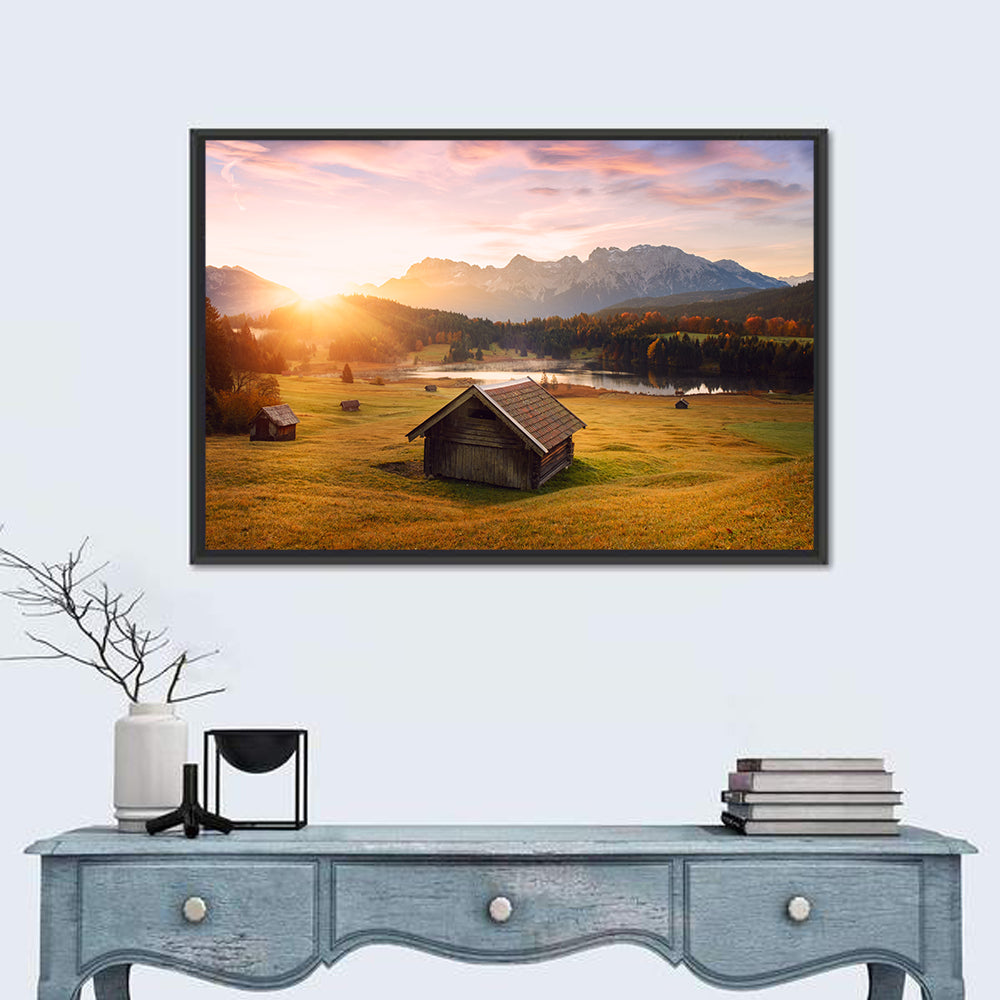 Sunrise Over Geroldsee Cabin Wall Art in a room, landscape