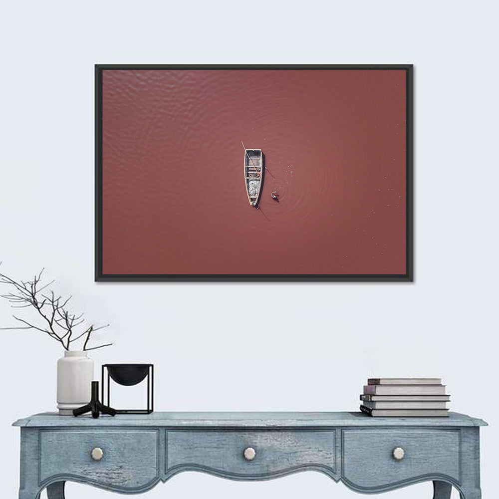 Lake Retba Aerial with Boat Wall Art in a room, landscape