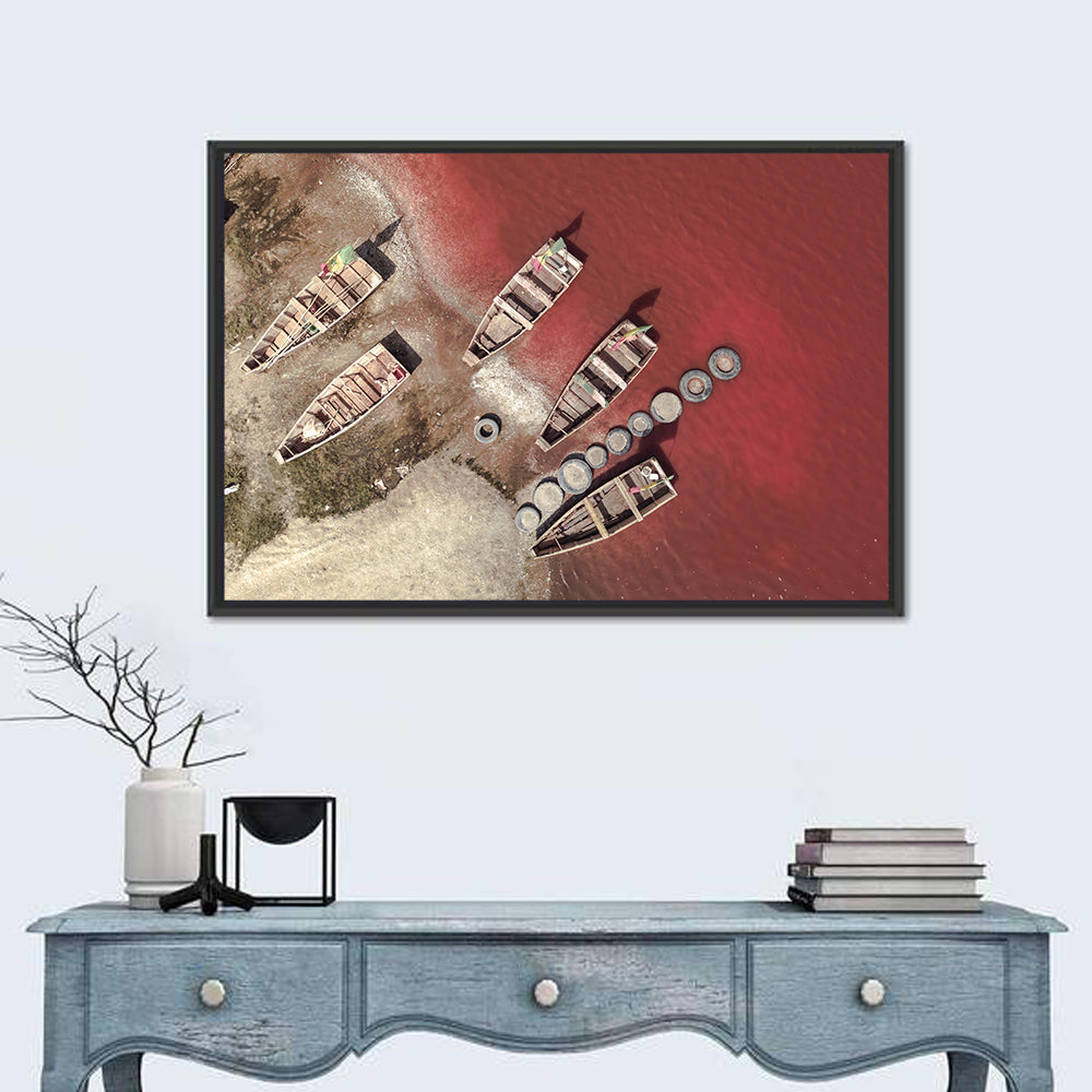 Wooden Boats on Lake Retba Wall Art in a room, landscape
