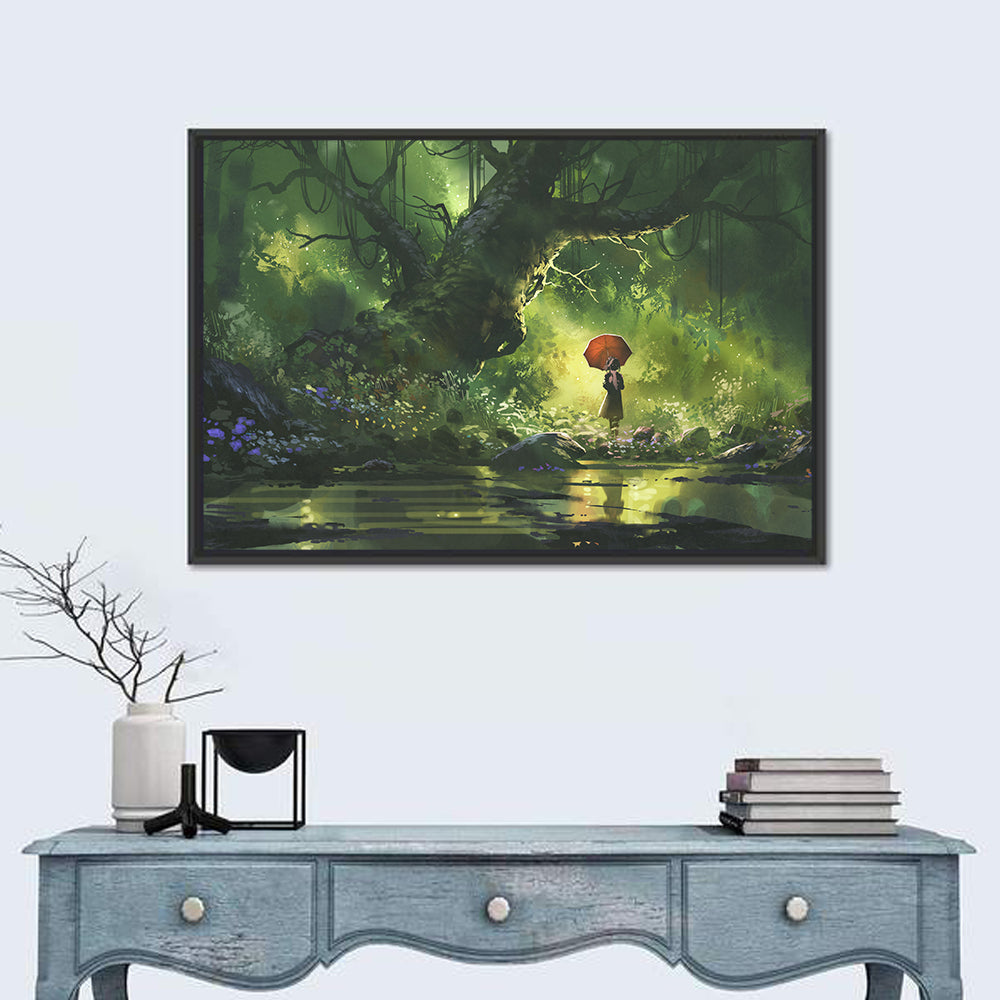 Girl with Umbrella in Mysterious Forest Wall Art in a room, landscape